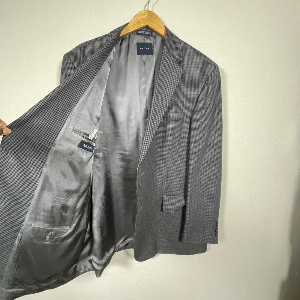Nautica Blazer Mens 48L Gray Preppy Dark Academia Wool Houndstooth Sport Coat